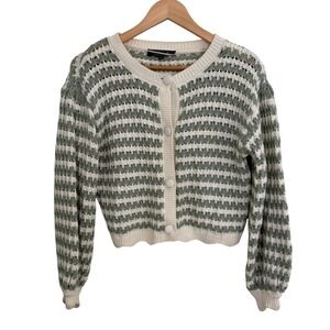 BROADWAY 38 Striped Crochet Knit Cardigan Sweater Cream Sage Size M Cottagcore